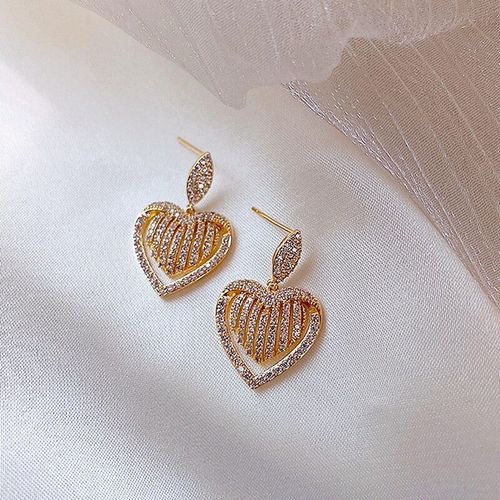 Boucles D'oreilles Brillantes En Forme De CUr Pour Femme, Bijoux Avec Strass, Dor, lgant,  La Mode Corenne, Pour Fte De Mariage