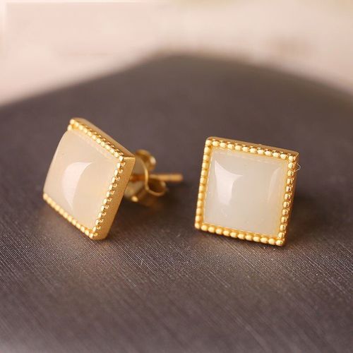 Boucles D'oreilles Carres En Jade Blanc Hotan Naturel Incrust D'argent, Style Palais Rtro Chinois, Breloque Exquise, Bijoux De Marque Pour Femmes