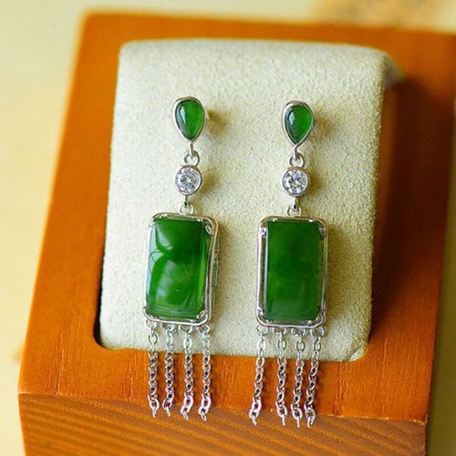 Boucles D'oreilles Carres En Jade Vert Pour Femmes, Nouveau Design, Incrustes D'argent, Longues, Temprament Rtro, Atmosphre, Style Ethnique, Bijoux