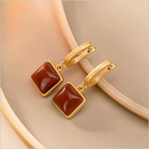 Boucles D'oreilles Carres Gomtriques En Calcdoine Rouge Du Sud Naturelle, Style Chinois, Rtro, Unique, Or Ancien, Artisanat, Breloque De Marque, Bijoux Pour Femmes