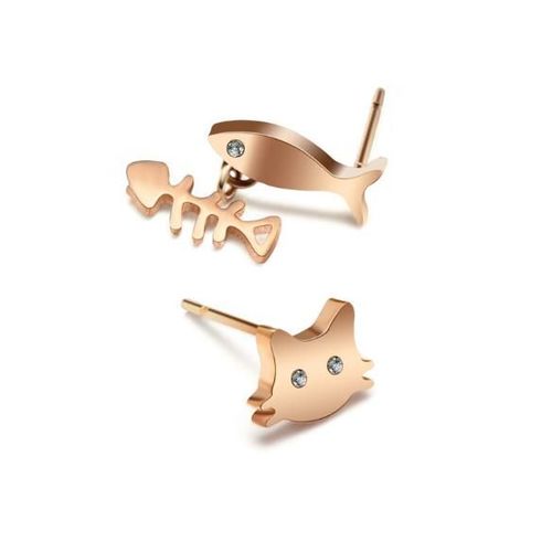 Boucles D'oreilles Chat Mignon En Titane Et Acier, Bijoux Asymtriques, 3 Couleurs, Goutte D'os De Poisson, Pour Femmes Et Filles, Mode Poisson Mignon