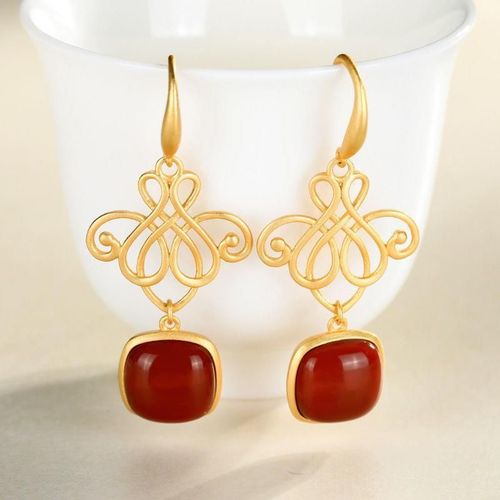 Boucles D'oreilles Classiques Rtro Rouge Du Sud, En Argent Sterling S925, Plaqu Or, Agate Rouge Du Sud, Style Chinois