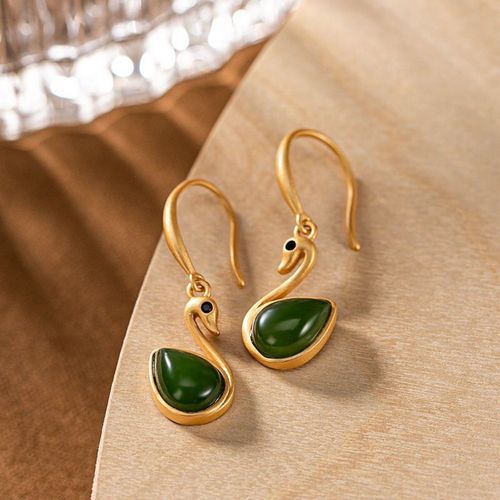 Boucles D'oreilles De Temprament Pour Femmes, Nouveau Style, Artisanat Ancien En Or Incrust, Jade Hetian Naturel, Cygne En Forme De Goutte