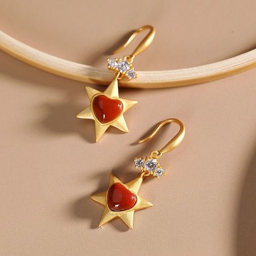 Boucles D'oreilles En Agate Rouge Du Sud Pour Femmes, Bijoux En Forme De CUr, En Argent Sterling S925 Plaqu Or, Xingx Cratif Et Personnalis