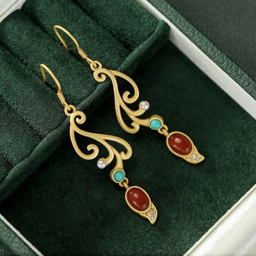 Boucles D'oreilles En Argent Incrustes De Zircons Pour Femmes, Tourmaline Rouge Du Sud, Turquoise Ovale, Perles, Bijoux Au Temprament Noble Et lgant