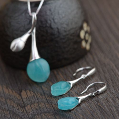 Boucles D'oreilles En Argent S925 Incrust D'amazonite, Pendentifs Contracts Pour Femmes, Vente En Gros