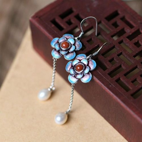 Boucles D'oreilles En Argent Sterling S925, Longues Boucles D'oreilles  Cloisonner, Style Ethnique Rtro, Bleu Brl, Rouge Du Sud, Perle Gland, Mode Thalandaise