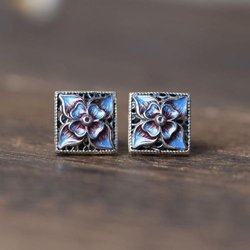 Boucles D'oreilles En Argent Sterling S925, Vintage, Bleu Brl, Bauhinia, Simple, Carr, Mode Classique, Coton Et L, Pour Femmes