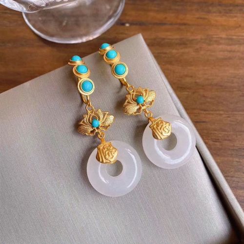 Boucles D'oreilles En Argent Turquoise Naturel Hetian Jade Blanc Plaqu Or, Boucles D'oreilles De Style National Chinois Rtro Charmant Bijoux Pour Femmes