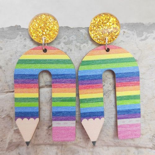 Boucles D'oreilles En Bois Pour Femmes, Crayon  Plier, Colores, Arc-En-Ciel, Imprim Lopard, Pendentif, Cadeau Pour Enseignant, Accessoires, 2022