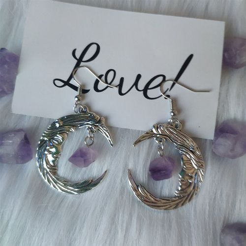 Boucles D'oreilles En Cristal Violet, Croissant De Lune, Bijoux, Pendentif En Pierre Gothique De Style Fonc, Amulette Magique Wiccan De Style Sorcire Macabre