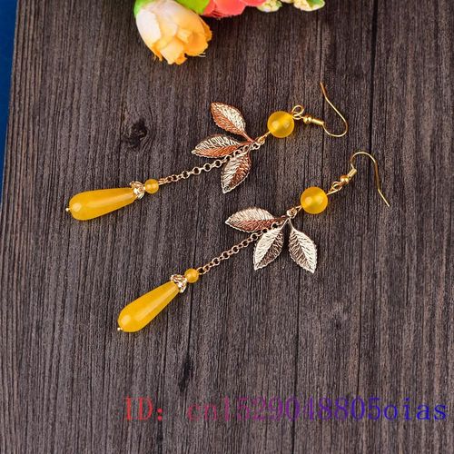 Boucles D'oreilles En Feuille De Jade Jaune Pour Femmes, Bijoux Amulette, Cadeaux, Argent 925, Pierre Prcieuse, Zircon, Breloque Naturelle, Cristal Calcdoine