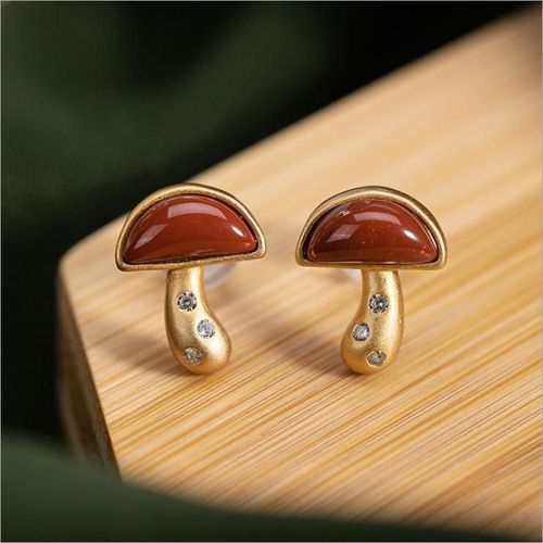 Boucles D'oreilles En Forme De Champignon Tourmaline Rouge Du Sud, Bijoux Chinois Rtro, Style Court Cratif, Bijoux De Marque Pour Femmes
