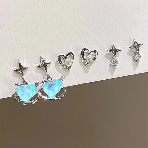 Boucles D'oreilles En Forme De C?ur Pour Femme,Piercing Pour Oreilles,Tendance Corenne,Clip Rose,Temprament,toile,Y2k,6 Pices/Ensemble