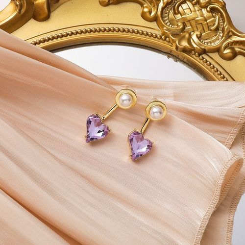 Boucles D'oreilles En Forme De CUr Pour Femmes, Bijou Tendance En Cristal Violet, Perle Simule,  La Mode, 2020