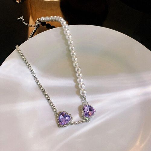 Boucles D'oreilles En Forme De CUr Pour Femmes, Ensemble De Bijoux Ras Du Cou, lgant Et  La Mode, Avec Strass, Violet