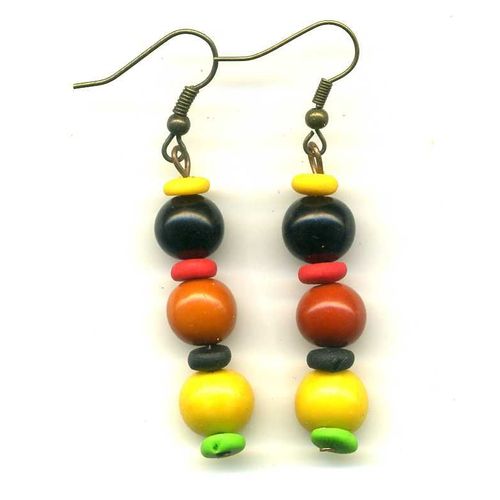 Boucles D'oreilles En Graines D'aca Jaune, Orange Et Noire Avec De La Fimo. Attache De Couleur Bronze. Trs Nature. 4 Cm