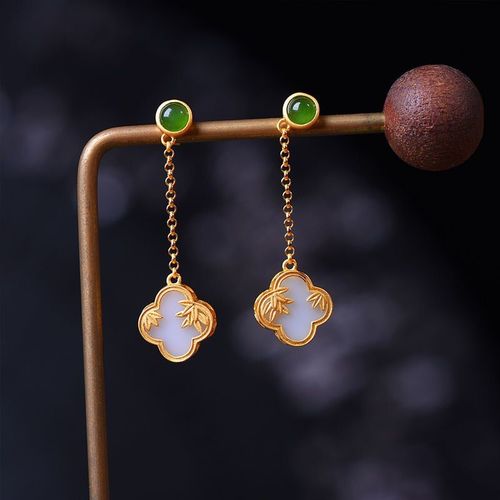Boucles D'oreilles En Jade Blanc Htian Naturel Pour Femmes, Longues Plantes, Style Chinois, Rtro, Unique, Charme Ancien, Artisanat En Or, Bijoux En Argent