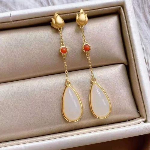 Boucles D'oreilles En Jade Blanc Pour Femmes, Nouvelles, Incrustes Avec Hotan Naturel, En Forme De Goutte, Longues, Style Rtro, Fleurs, Charme Frais, Bijoux De Marque