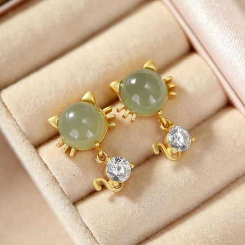 Boucles D'oreilles En Jade Naturel Hetian Chat, Style Chinois Rtro, Joli Artisanat Cratif Unique, Fe Romantique, Charme lgant, Bijoux En Argent