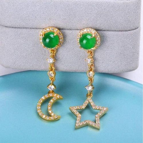 Boucles D'oreilles En Jade Vert, toile Et Lune, Bijoux  La Mode Pour Femmes, Vritable Chrysoprase Naturelle, Bijoux Fins En Calcdoine Certifie