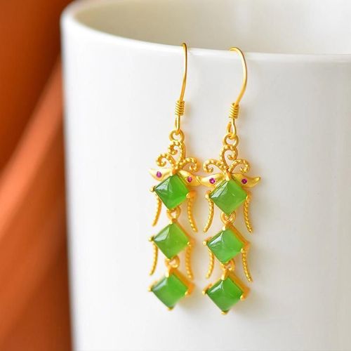 Boucles D'oreilles En Jade Vert Hetian, Design Original, Style Palais, Longues Boucles D'oreilles Antiques En Argent Sterling Plaqu Or, Pompon Rtro