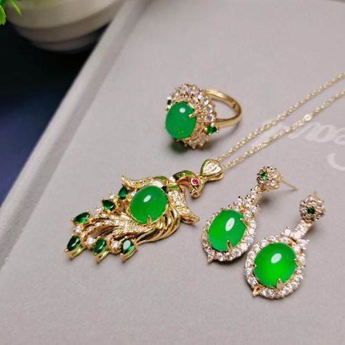 Boucles D'oreilles En Jade Vert Naturel Pour Femmes, Ensemble De Bijoux, Bague, Pendentif, Collier, Chrysoprase, Paon, Breloques, Calcdoine, Amulette, Cadeaux