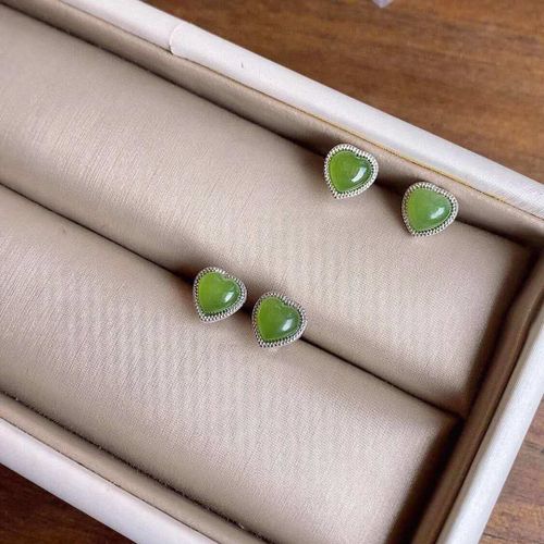 Boucles D'oreilles En Jaspe En Forme De CUr En Argent Sterling S925, Petits Clous D'oreilles En Jade Naturel Hetian Amour Anti-Allergie Ferique