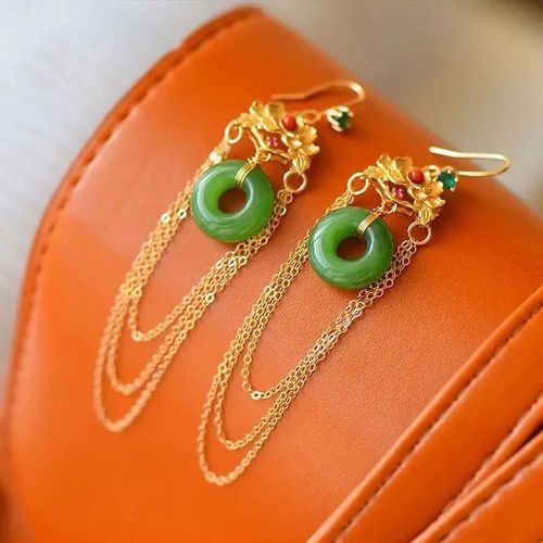 Boucles D'oreilles En Jaspe Htian Naturel Pour Femmes, Bijoux En Argent, Style Palais Rtro Chinois, Breloque Unique, Ancien, Artisanat En Or