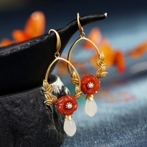 Boucles D'oreilles En Or Pour Filles, Artisanat Ancien Incrust De Tourmaline Rouge Du Sud, Htian Magnolia Naturel, Bijoux De Temprament