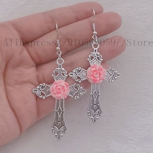 Boucles D'oreilles En Rsine Rose Avec Motif De Fleurs, Boucles D'oreilles Croises, Pendentif Gothique Victorien, Bijoux Cratifs, Style Simple, Nouveau