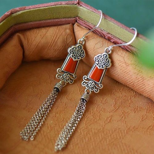 Boucles D'oreilles En Tourmaline Rouge Du Sud Pour Femmes, Bijoux En Argent, Design Indpendant, Glands Do Old Incrusts, Style Ethnique Rtro