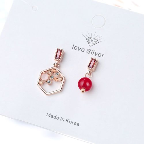 Boucles D'oreilles En Zircon Argent Pour Femmes, Bijoux De Temprament, Perle Rouge, Hexagone Asymtrique Rtro, S-E1036