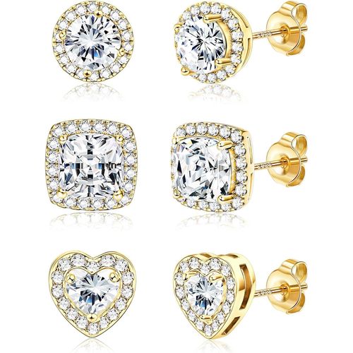 Boucles D'oreilles Femme En Argent 925 Plaqu Or 18 Carats Clou D'oreilles Ensemble Zirconium Rond Carr C?Ur Brillant Grand Diamant Boucles D'oreilles Clou Argent/Or