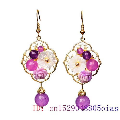 Boucles D'oreilles Fleur De Jade Violet, Argent 925, Mode Naturelle Pour Femmes, Calcdoine, Breloque Amulette, Bijoux En Cristal Et Zircon