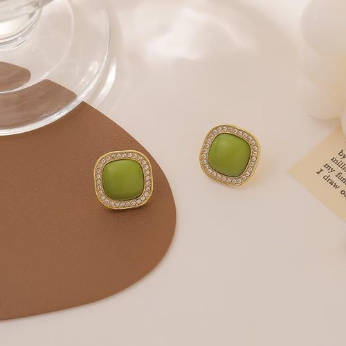 Boucles D'oreilles Gomtriques Carres En Argent S925 Vert Verte, Strass, Temprament, Vent Froid, Rtro, Perle, t, Mignon, Bijoux, Nouveau, 2022