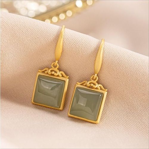 Boucles D'oreilles Gomtriques En Jade Gris Naturel Hetian, En Argent Sterling S925, Xiangyun Carr En Jade,  La Mode, Crochet D'oreille En Or, Jewe En Argent