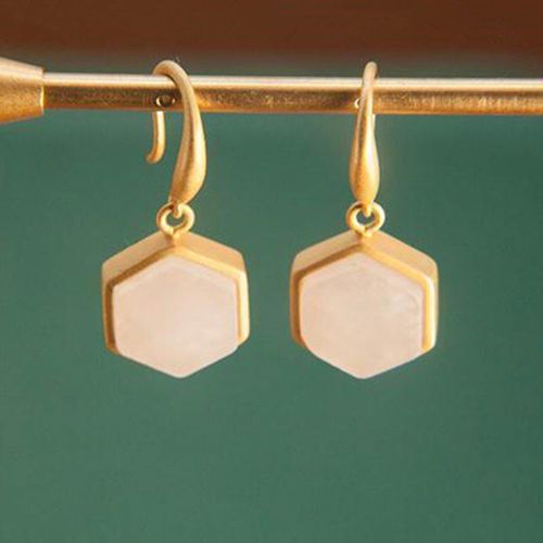 Boucles D'oreilles Gomtriques Hexagonales En Jade Blanc Tianheitien, Incrustes D'argent, Style Chinois Rtro, Bijoux De Charme Pour Femmes