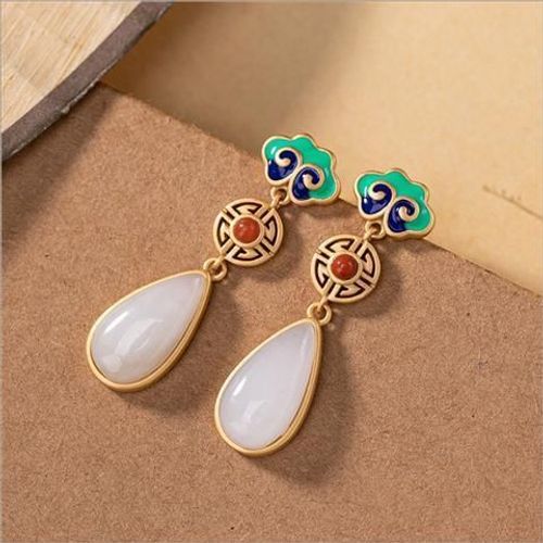 Boucles D'oreilles Goutte D'eau En Jade Blanc, En mail, Plaqu Argent, Xiangyun Hetian, Boucles D'oreilles En Jade Rouge Du Sud, Style Palais
