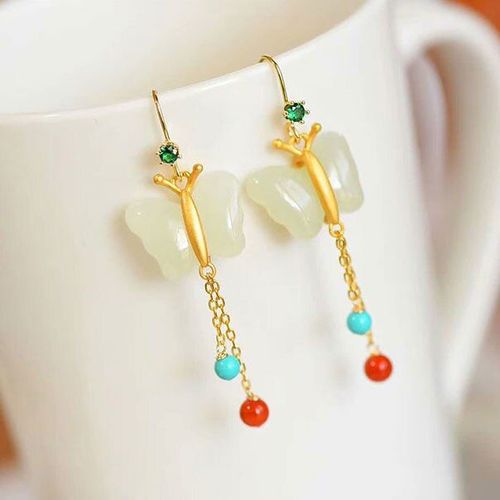 Boucles D'oreilles Hetian En Jade Blanc Naturel, Bijoux Gomtriques  Franges Papillon, Style Chinois Rtro, Charme Lger, Bijoux En Argent Pour Femmes