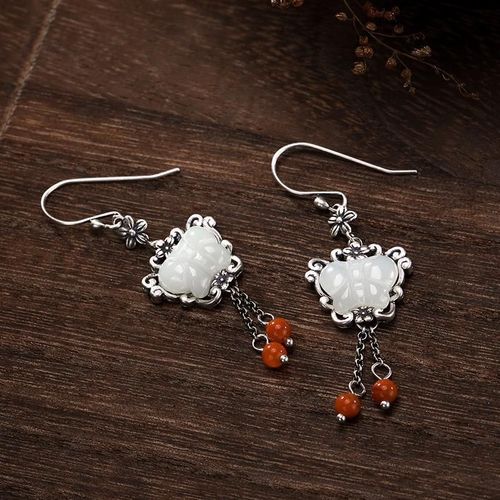 Boucles D'oreilles Hetian En Jade Blanc Naturel En Forme De Papillon, Petit Gland Thalandais En Argent Rtro Chinois, Charme lgant, Bijoux En Argent Pour Femmes