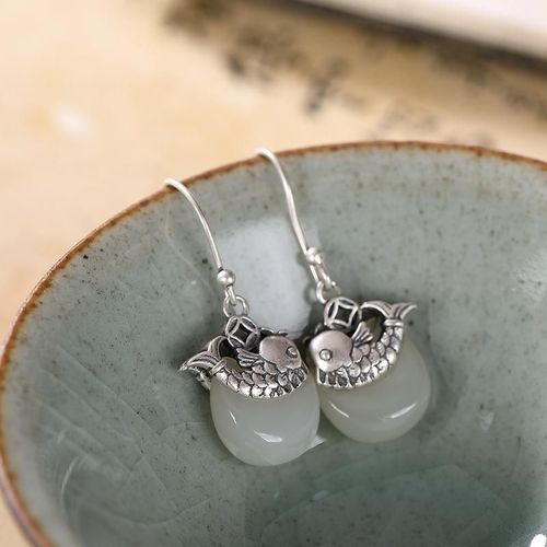 Boucles D'oreilles Hetian En Jade Blanc Naturel, Style Chinois, Rtro, Unique, Motif Exquis, Artisanat, Charme, Bijoux En Argent Pour Femmes