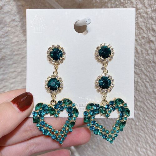 Boucles D'oreilles Longues En Forme De CUr Pour Femme Et Fille, Bijoux De Luxe Coren, En Cristal Vert,  Strass,  La Mode, De Fte, 2021