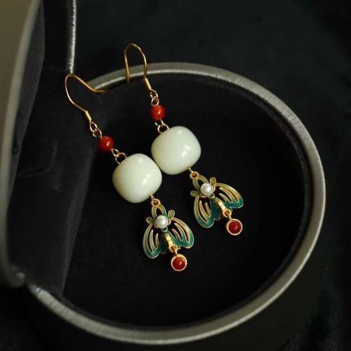 Boucles D'oreilles Longues En Jade Blanc Naturel Hetian, Style Ancien Chinois, Porcelaine maille, Lger, Luxe Ethnique, Cadeau De Nol Pour Femmes