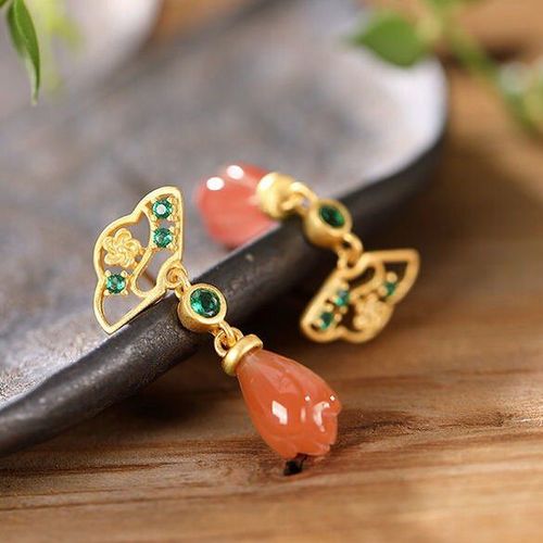 Boucles D'oreilles Orchides Tourmaline Rouge, Naturel Hotan Style Chinois Rtro Unique Artisanat Ancien Or Bijoux De Luxe Pour Femmes En Argent