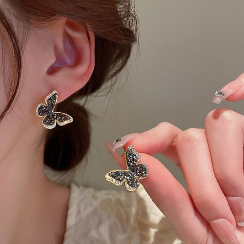 Boucles D'oreilles Papillon En Biscuits Noir Pour Femmes, Boucles D'oreilles Vintage, Temprament Sombre, Ins, Cristal, Bijoux De Mariage, Mode Estivale