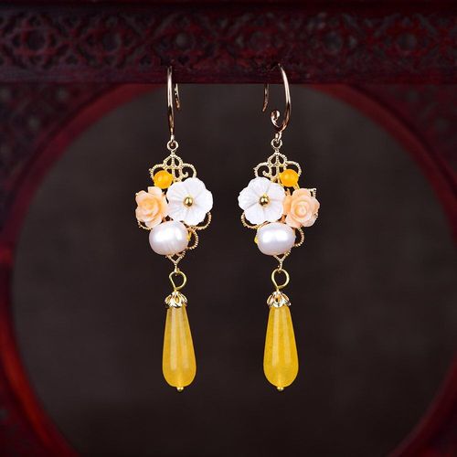 Boucles D'oreilles Pendantes En Jade, Fleurs, Calcdoine, Agate Jaune, Amulette, Mode, Charme Naturel, Bijoux, Cadeaux Pour Femmes