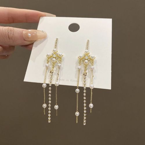 Boucles D'oreilles Pompon Perle Rtro Femmes Atmosphere Exagre Longues Boucles D'oreilles Zircon Haut De Gamme Net Rouge Boucles D'oreilles-Sw-E1243 Or