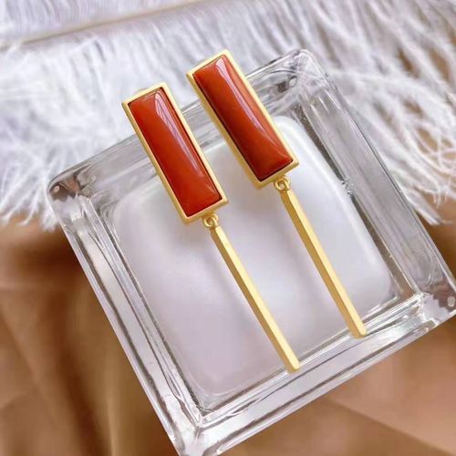 Boucles D'oreilles Rectangulaires En Argent Incrust, Calcdoine Naturelle Rouge Du Sud, Style Chinois Rtro Gomtrique, Charme lgant, Bijoux Pour Femmes