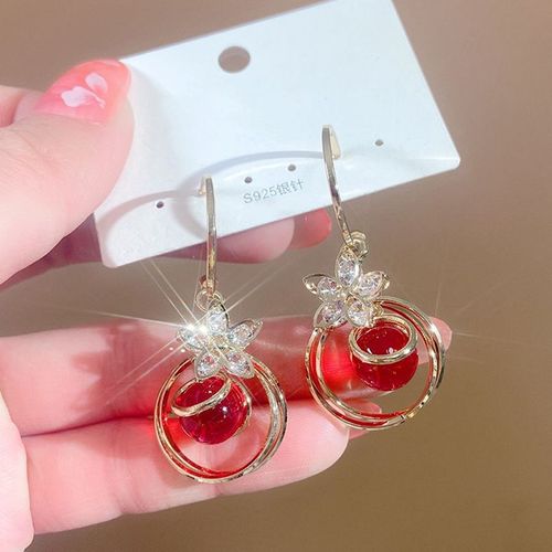 Boucles D'oreilles Rondes En Perle Rouge Pour Femmes, Pendentif Fleur, Tendance, lgant, Croles, Mode Simple, Bijoux Exquis, Boucles D'oreilles Pour Femmes